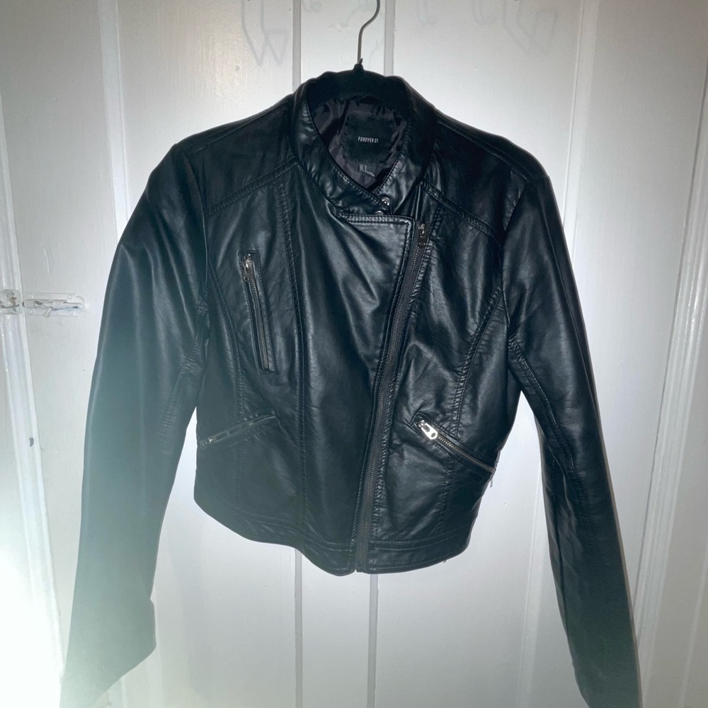 Mango Black Leather Cropped Jacket